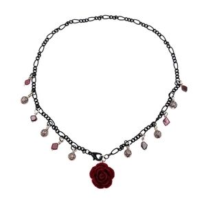 381MIDALANE Black Chain Choker with Garnet and Rose Accents